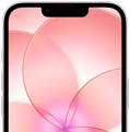 iPhone 17e, parte delantera parcial con Ceramic Shield 2, color rosa palo, se muestra un fondo de pantalla con una flor rosa