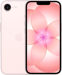 Dos iPhone 17e uno al lado del otro, parte trasera, color rosa palo, sistema de cámara Fusion en la parte superior izquierda, iPhone 17e, parte delantera, diseño de borde a borde