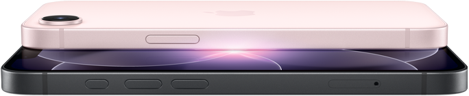 iPhone 17e, parte lateral y trasera en horizontal, color rosa palo, iPhone 17e, parte lateral y delantera en horizontal, color negro