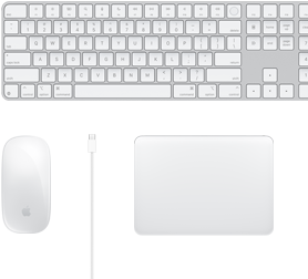 Vista desde arriba de varios accesorios: un Magic Mouse, un cable USB-C, un Magic Trackpad y un Magic Keyboard con teclado numérico