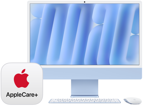 Distintivo de AppleCare+ junto a un iMac mirando hacia delante y los accesorios Magic Keyboard y Magic Mouse a juego