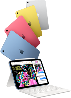 iPad en azul, rosa, amarillo y plata junto a otro iPad acoplado a un Magic Keyboard Folio con el Apple Pencil