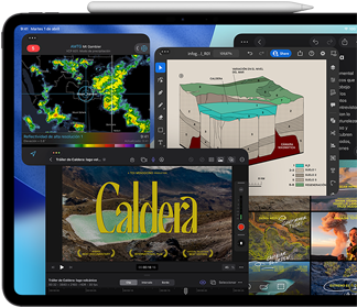 iPad Pro, parte delantera exterior, posición horizontal, color negro espacial, Apple Pencil apoyado en el borde superior, pantalla con varias ventanas de apps superpuestas, como Final Cut Pro con diferentes prestaciones de edición de vídeo y la línea de tiempo, Mapas, Notas y varios clips multimedia