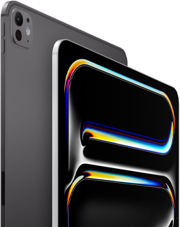 iPad Pro, parte trasera exterior, color negro espacial, botones de volumen y sistema de cámaras pro, iPad Pro, parte delantera exterior, color plata, esquinas redondeadas, borde de la pantalla negro, la pantalla muestra un dibujo multicolor de líneas abstractas sobre un fondo negro