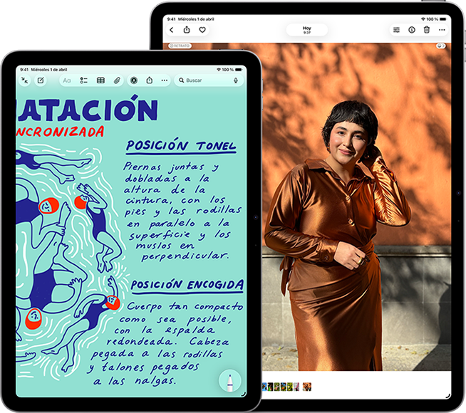 Dos iPad Air, tamaños: 11 pulgadas y 13 pulgadas, el modelo de 11 pulgadas muestra texto a todo color en la app Notas, el modelo de 13 pulgadas muestra la foto de una persona en la app Fotos