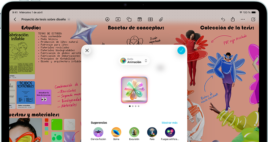 iPad Air, parte delantera exterior, posición horizontal, botón para subir el volumen, botón para bajar el volumen, botón de encendido, la pantalla muestra la interfaz de una app a todo color con varios iconos