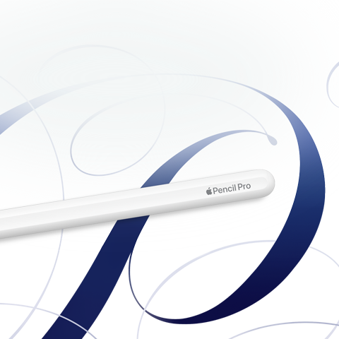 Apple Pencil Pro, blanco, mostrado sobre un fondo blanco con ondulaciones azules