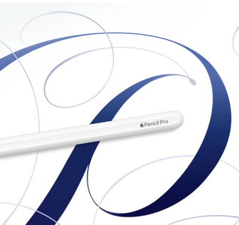 Apple Pencil Pro, blanco, mostrado sobre un fondo blanco con ondulaciones azules