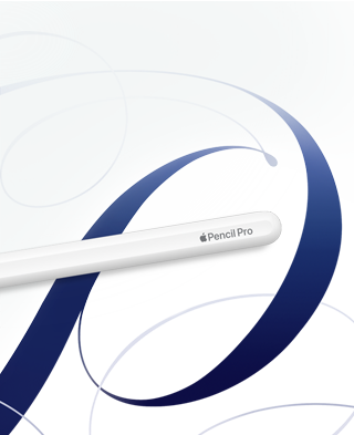 Apple Pencil Pro, blanco, mostrado sobre un fondo blanco con ondulaciones azules