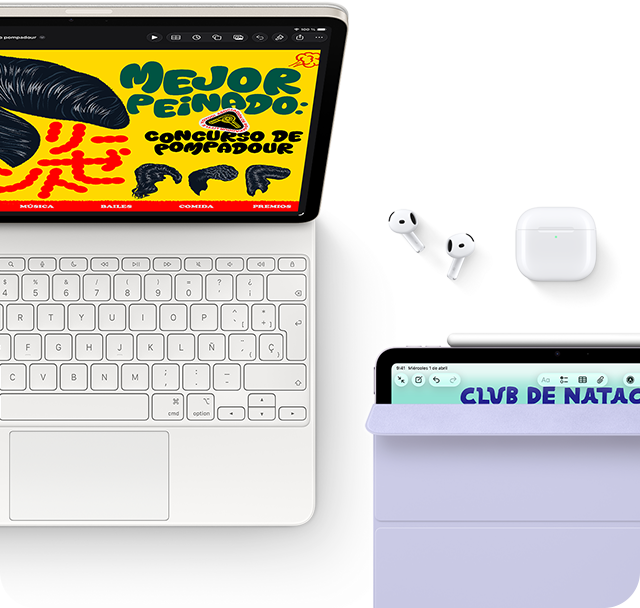 iPad Air, blanco estrella, gráficos a todo color en la pantalla, acoplado a un Magic Keyboard, junto a unos AirPods Pro y un Apple Pencil Pro