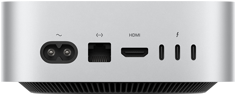 Vista trasera del Mac mini en plata que muestra el puerto HDMI, el puerto Ethernet, los tres puertos Thunderbolt y la toma de corriente