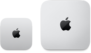 Vista desde arriba de un Mac mini de 2024 en plata y un Mac mini de 2023 en plata, ambos con el logotipo de Apple, que muestra la diferencia de tamaño