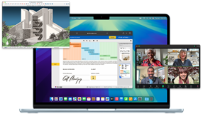 Distintas pantallas muestran la facilidad de ejecutar varias apps a la vez, como páginas web en Safari, una videollamada en Zoom y un archivo en SketchUp, en el MacBook Air