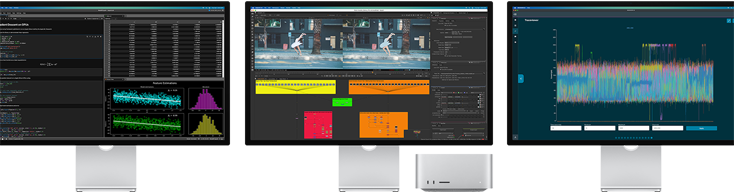 Un Mac Studio y tres Studio Display con distintas apps de macOS en pantalla
