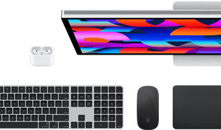 Accesorios para el Mac: Airpods, Studio Display, Magic Keyboard, Magic Mouse, Magic Trackpad, cable de carga MagSafe en negro espacial