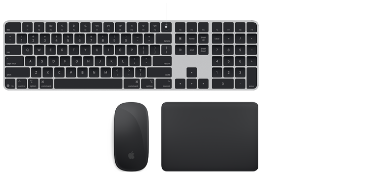 Vista en paralelo de los accesorios Magic en gris espacial: Magic Keyboard con Touch ID, Magic Mouse y Magic Trackpad.