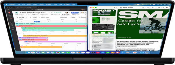 MacBook Pro semiabierto con una pantalla dividida que muestra dos documentos