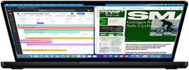 MacBook Pro semiabierto con una pantalla dividida que muestra dos documentos