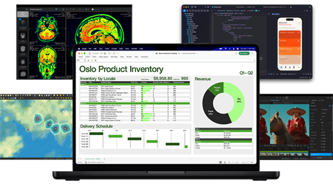 Varios documentos de trabajo de Excel, Safari, análisis de datos y apps de edición de fotos en un Mac, muestran el potente rendimiento gráfico.