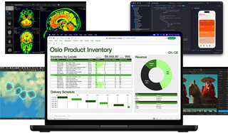 Varios documentos de trabajo de Excel, Safari, análisis de datos y apps de edición de fotos en un Mac, muestran el potente rendimiento gráfico.