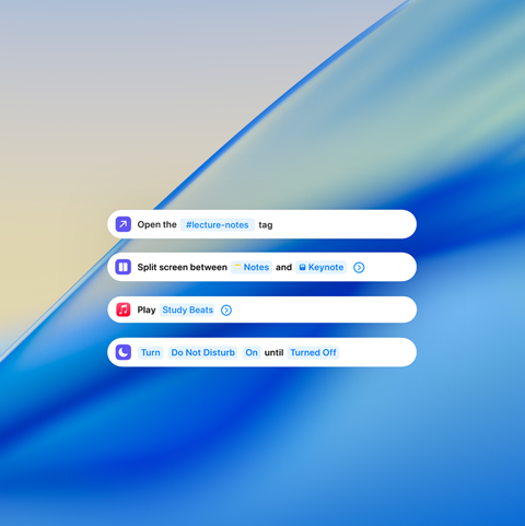 Notificaciones de trabajo que muestran apuntes de clase, opciones de pantalla dividida, Apple Music y No Molestar sobre un fondo azul opaco de una ola