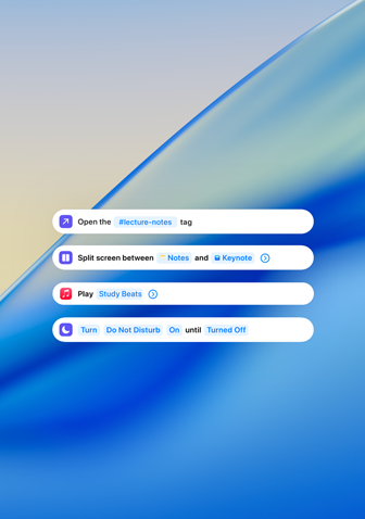 Notificaciones de trabajo que muestran apuntes de clase, opciones de pantalla dividida, Apple Music y No Molestar sobre un fondo azul opaco de una ola