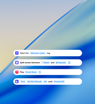 Notificaciones de trabajo que muestran apuntes de clase, opciones de pantalla dividida, Apple Music y No Molestar sobre un fondo azul opaco de una ola