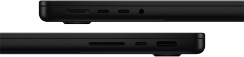 Puertos del MacBook Pro, puertos del lateral izquierdo: puerto de carga MagSafe, dos puertos Thunderbolt y toma para auriculares; puertos del lateral derecho: ranura para tarjetas SDXC, puerto Thunderbolt y puerto HDMI