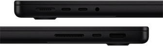Puertos del MacBook Pro, puertos del lateral izquierdo: puerto de carga MagSafe, dos puertos Thunderbolt y toma para auriculares; puertos del lateral derecho: ranura para tarjetas SDXC, puerto Thunderbolt y puerto HDMI
