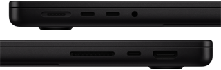 Puertos del MacBook Pro, puertos del lateral izquierdo: puerto de carga MagSafe, dos puertos Thunderbolt y toma para auriculares; puertos del lateral derecho: ranura para tarjetas SDXC, puerto Thunderbolt y puerto HDMI
