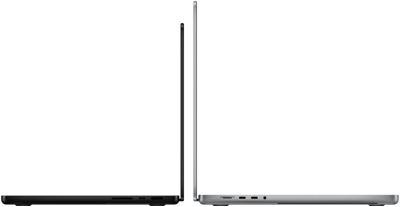 MacBook Pro de 14 pulgadas y otro de 16 pulgadas colocados uno contra otro, muestran la diferencia de tamaño y resaltan el perfil fino