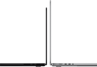 MacBook Pro de 14 pulgadas y otro de 16 pulgadas colocados uno contra otro, muestran la diferencia de tamaño y resaltan el perfil fino