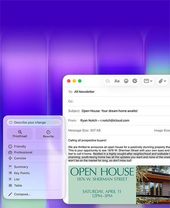 Pantalla de un MacBook Neo, Herramientas de Escritura de Apple Intelligence en uso en Mail para redactar un email con una invitación a una jornada de puertas abiertas