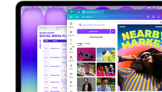 Pantalla del MacBook Neo, muestra un colorido plan para redes sociales en Vista Previa y el folleto de un mercadillo en Canva, ambos lucen con una nitidez asombrosa en esta increíble pantalla