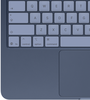 Imagen desde arriba de un MacBook Neo en índigo que muestra las teclas a juego y el trackpad Multi‑Touch