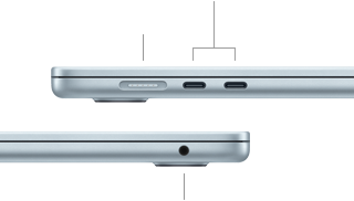 Vista de los laterales del MacBook Air que muestra los puertos: un puerto MagSafe y dos puertos Thunderbolt 4 a la izquierda, y una toma para auriculares a la derecha