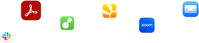 Varios iconos de apps en una composición desordenada, como Slack, Zoom y Mail