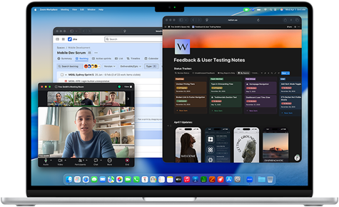 MacBook Air, pantalla con Notion, Jira y Zoom en tres ventanas independientes, ejemplo de la fluidez con la que macOS ejecuta varias apps