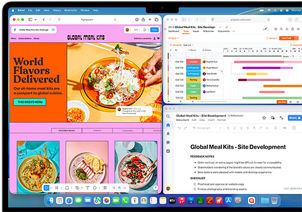 MacBook Air, pantalla con Figma, Zoho y Quip en tres ventanas independientes, ejemplo de la multitarea