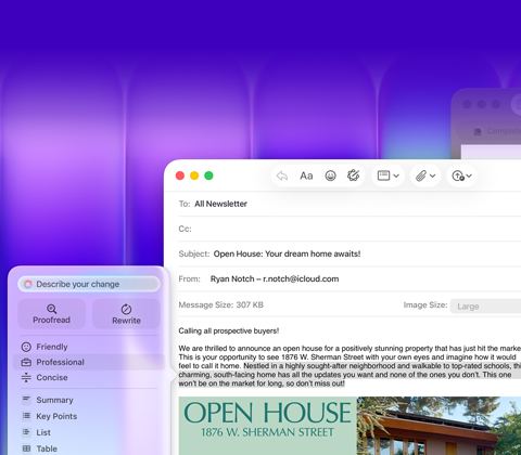 Pantalla de un MacBook Neo, Herramientas de Escritura de Apple Intelligence en uso en Mail para redactar un email con una invitación a una jornada de puertas abiertas
