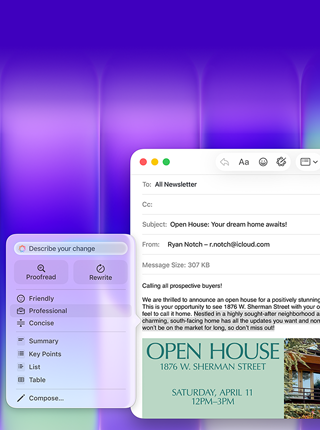 Pantalla de un MacBook Neo, Herramientas de Escritura de Apple Intelligence en uso en Mail para redactar un email con una invitación a una jornada de puertas abiertas