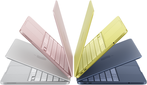 Portátiles MacBook Neo en color plata, rosa nube, cítrico e índigo semiabiertos y dispuestos en forma de arco