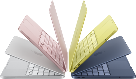 Portátiles MacBook Neo en color plata, rosa nube, cítrico e índigo semiabiertos y dispuestos en forma de arco