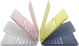 Portátiles MacBook Neo en color plata, rosa nube, cítrico e índigo semiabiertos y dispuestos en forma de arco