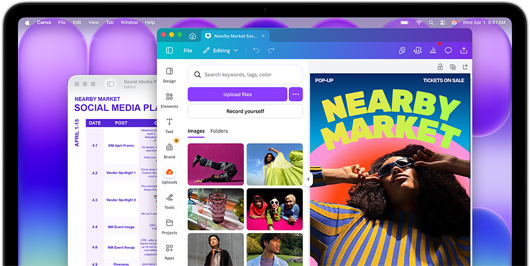 Pantalla del MacBook Neo, muestra un colorido plan para redes sociales en Vista Previa y el folleto de un mercadillo en Canva, ambos lucen con una nitidez asombrosa en esta increíble pantalla