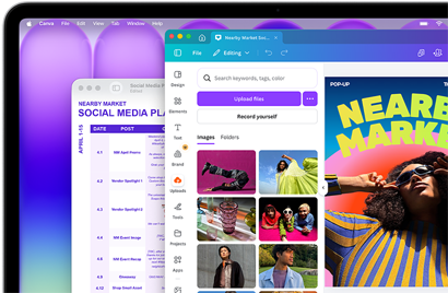 Pantalla del MacBook Neo, muestra un colorido plan para redes sociales en Vista Previa y el folleto de un mercadillo en Canva, ambos lucen con una nitidez asombrosa en esta increíble pantalla
