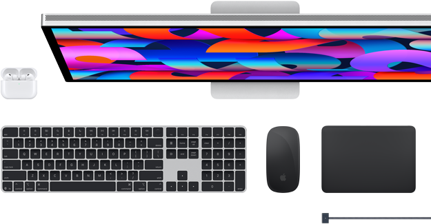 Accesorios para el Mac: AirPods, Studio Display, Magic Keyboard, Magic Mouse, Magic Trackpad y cable de carga MagSafe
