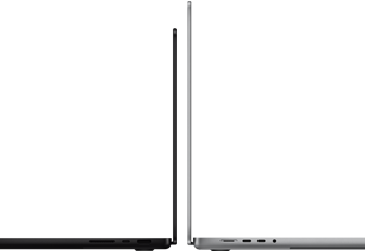 MacBook Pro de 14 pulgadas y otro de 16 pulgadas colocados uno contra otro, muestran la diferencia de tamaño y resaltan el perfil fino