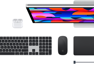Accesorios para el Mac: AirPods, Studio Display, Magic Keyboard, Magic Mouse, Magic Trackpad y cable de carga MagSafe