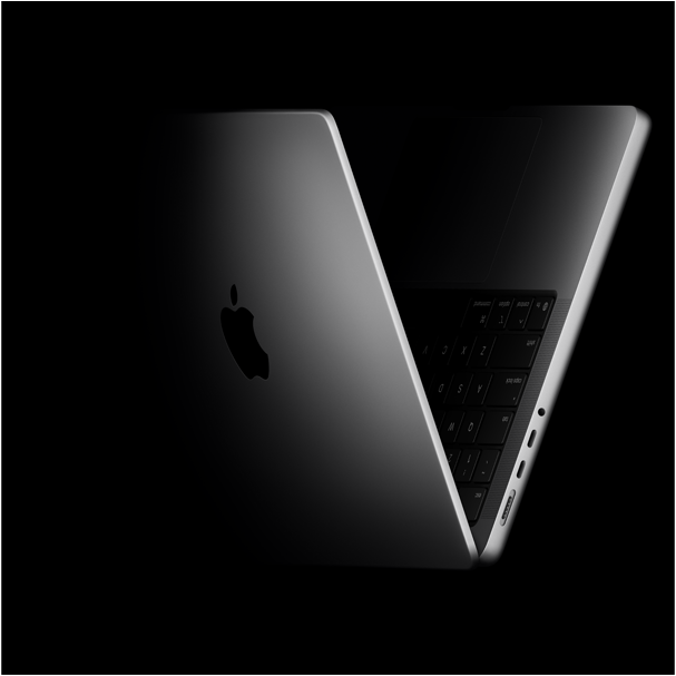 Un MacBook Pro abierto en forma de V, en referencia a los chips M5
